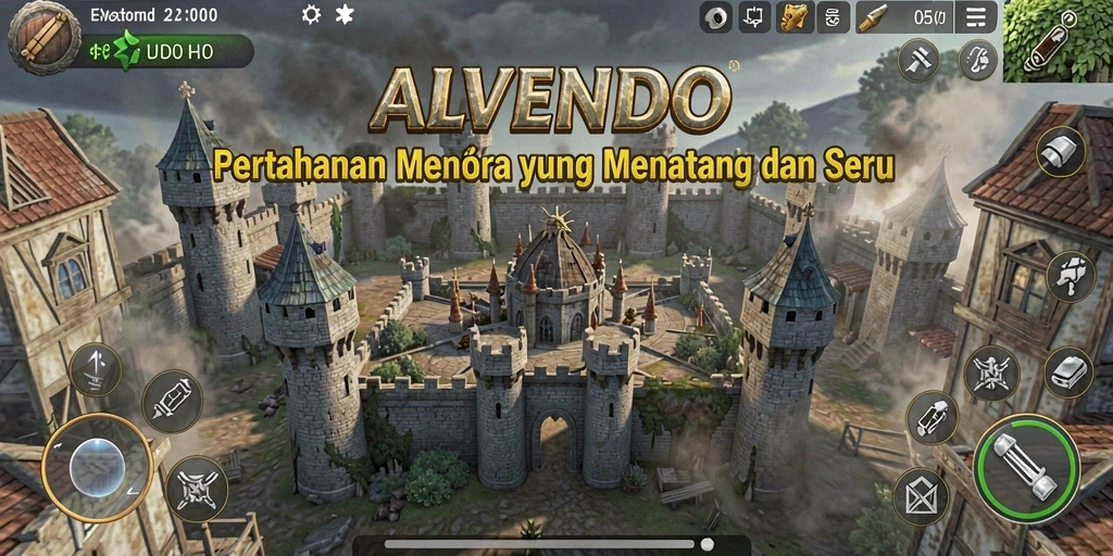 Tangkapan layar gameplay ALVENDO menunjukkan pertahanan menara yang strategis.