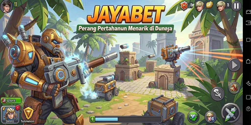 Tampilan screenshot gameplay JAYABET yang menunjukkan pertahanan menara yang strategis.