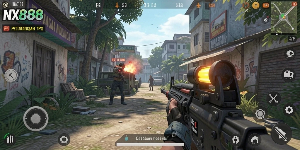 Tangkapan layar gameplay NX888 yang menampilkan pertempuran intens dan grafis yang memukau.