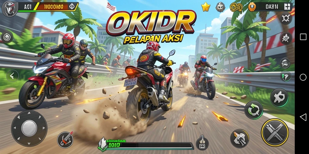 Screenshot gameplay menampilkan aksi balapan motor yang mendebarkan.
