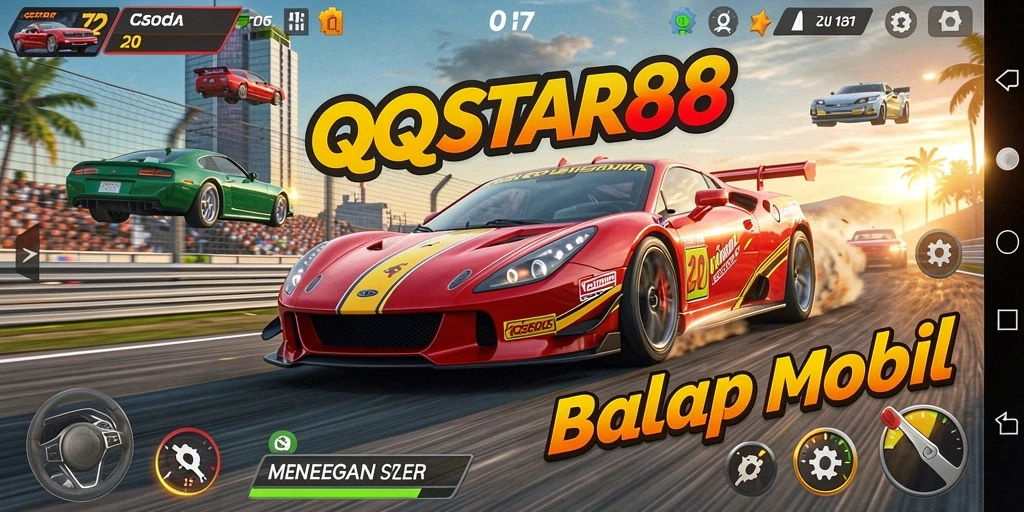 Screenshot utama QQSTAR88 menampilkan aksi balap mobil yang mendebarkan.