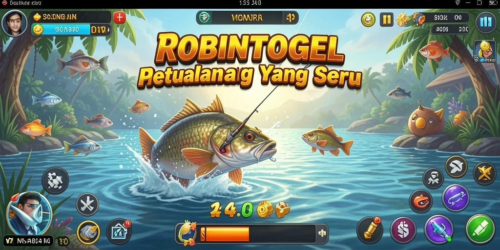 Tampilan gameplay ROBINTOGEL yang menarik saat memancing ikan besar.