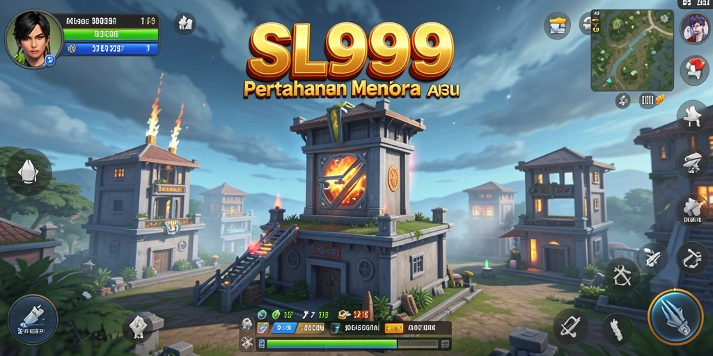 Screenshot gameplay SL999 menampilkan aksi menara pertahanan yang intens.